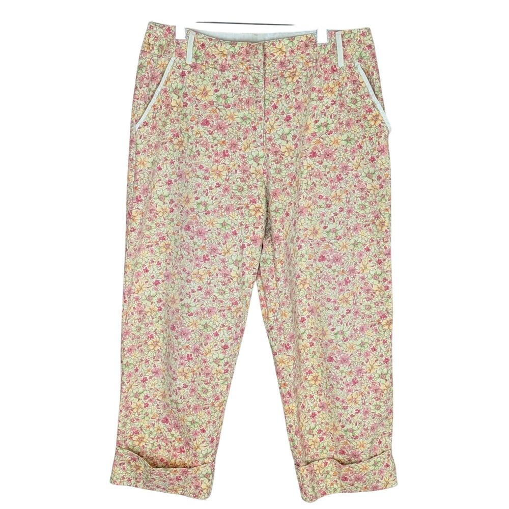 Vintage Talbots Women's Yellow Ditsy Floral Cotton Pants Made in USA Size 12